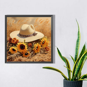 Sunflower And Straw Hat 45X45CM(Canvas) Full AB Square Drill Diamond Painting