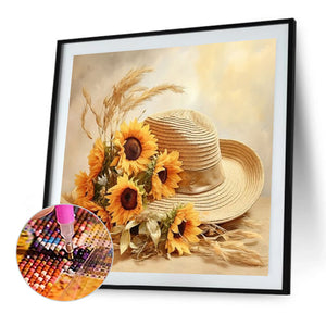 Sunflower And Straw Hat 45X45CM(Canvas) Full AB Square Drill Diamond Painting