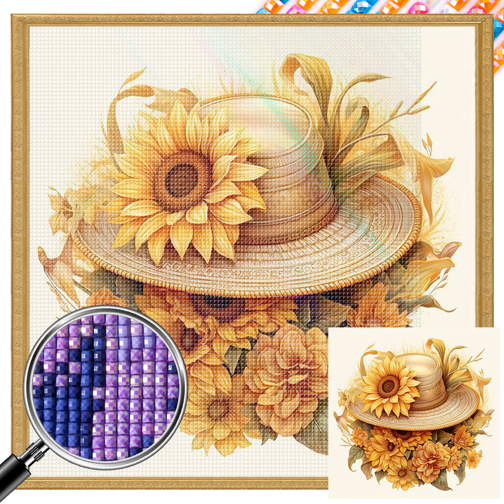 Sunflower And Straw Hat 45X45CM(Canvas) Full AB Square Drill Diamond Painting