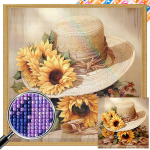 Sunflower And Straw Hat 45X45CM(Canvas) Full AB Square Drill Diamond Painting