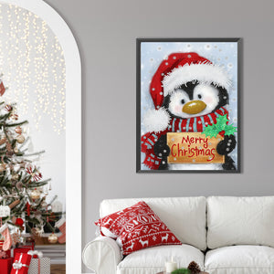 Penguin Holding Christmas Sign 30X40CM(Canvas) Partial Special Shaped Drill Diamond Painting