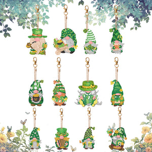 12 PCS Gnome Double Sided Special Shape Diamond Painting Keychain Pendant(Green)