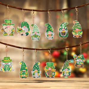 12 PCS Gnome Double Sided Special Shape Diamond Painting Keychain Pendant(Green)