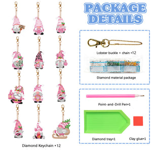 12 PCS Gnome Double Sided Special Shape Diamond Painting Keychain Pendant (Pink)