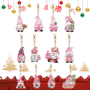 12 PCS Gnome Double Sided Special Shape Diamond Painting Keychain Pendant (Pink)