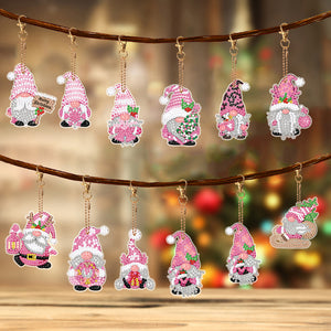 12 PCS Gnome Double Sided Special Shape Diamond Painting Keychain Pendant (Pink)