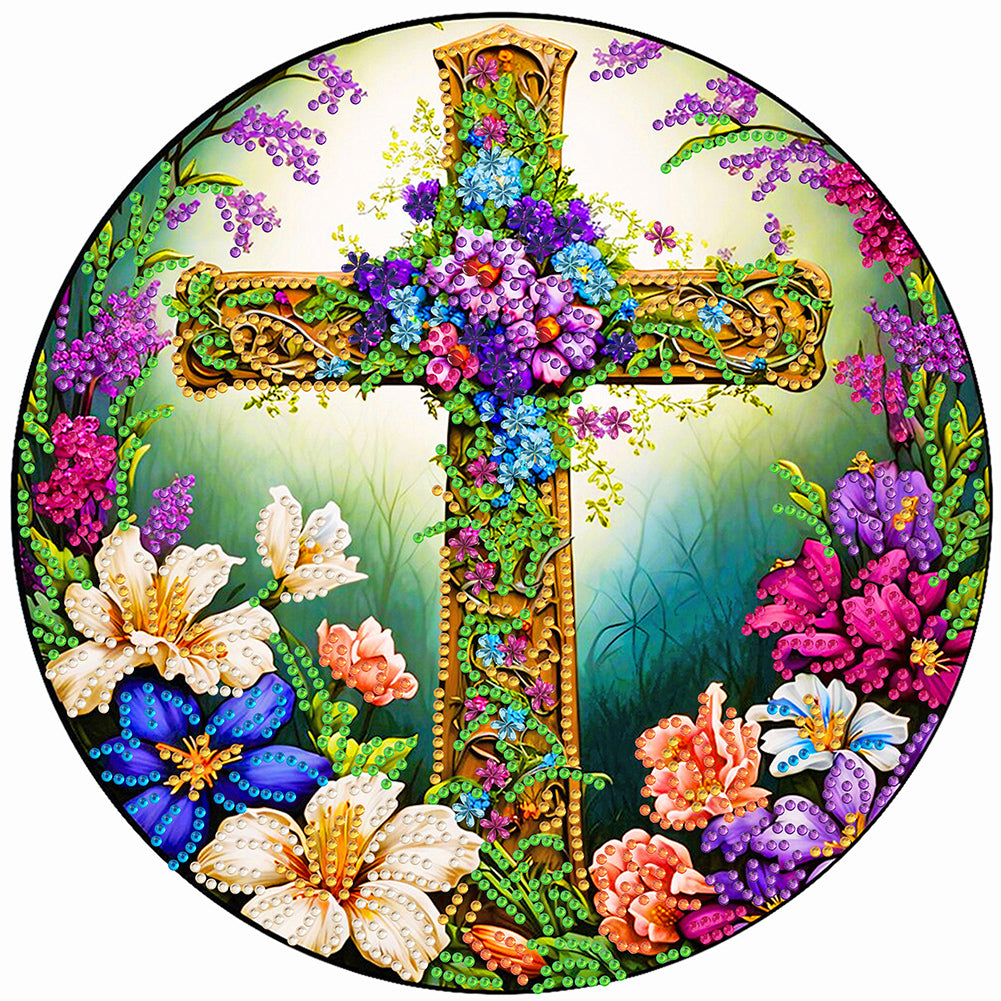 Flower Cross 30*30CM(Canvas) Partial Special Shaped Drill Diamond Painting