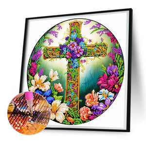 Flower Cross 30*30CM(Canvas) Partial Special Shaped Drill Diamond Painting