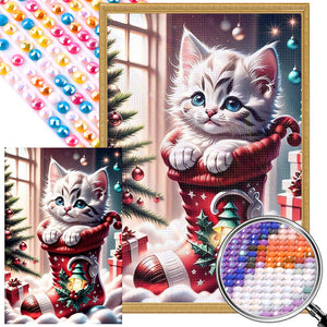 Christmas Stocking Cat 45X65CM(Canvas) Full AB Round Drill Diamond Painting