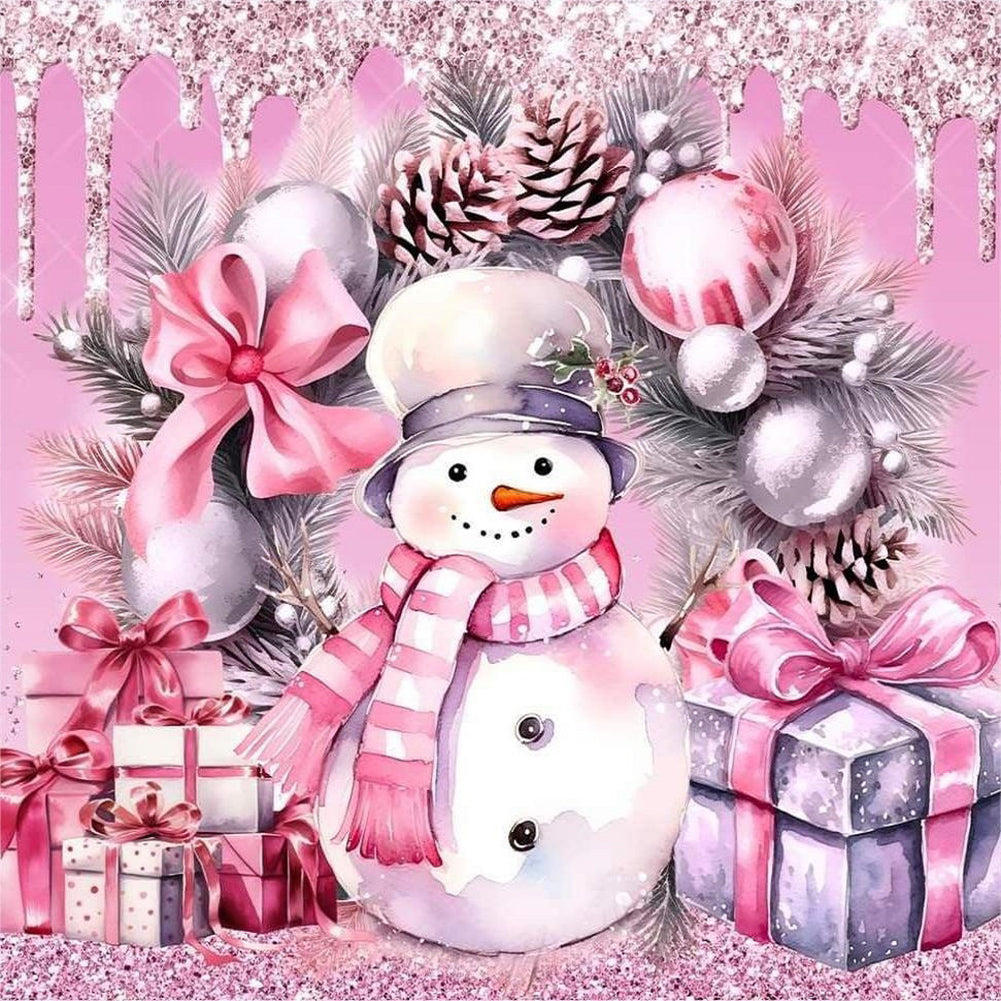 Pink Snowman Sled 30*30CM(Canvas) Full Round Drill Diamond Painting