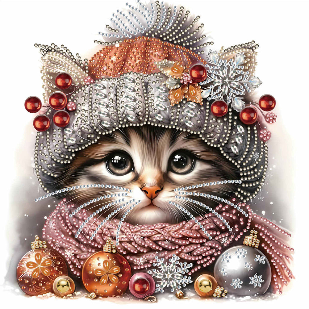 Christmas Kitten 30*30CM(Canvas) Partial Special Shaped Drill Diamond Painting