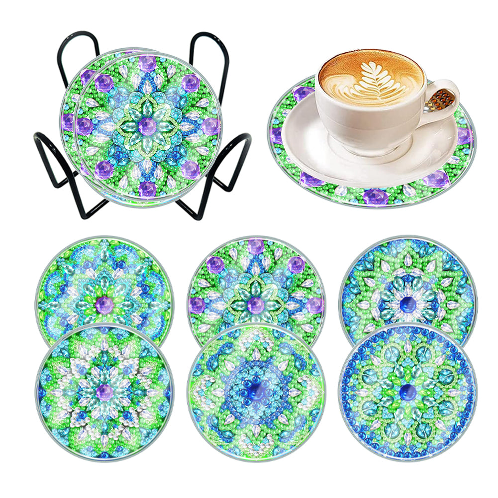 6 PCS Washable Mandala Special Shape Diamond Painting Crafts Coaster with Holder