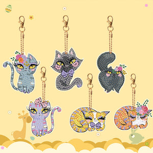 6 PCS Double Sided Special Shape Diamond Painting Art Keychain Pendant (Cat)