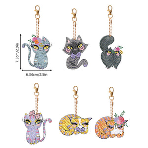 6 PCS Double Sided Special Shape Diamond Painting Art Keychain Pendant (Cat)