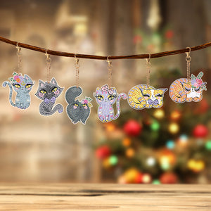 6 PCS Double Sided Special Shape Diamond Painting Art Keychain Pendant (Cat)