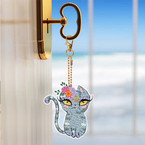 6 PCS Double Sided Special Shape Diamond Painting Art Keychain Pendant (Cat)