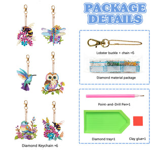 6 PCS Double Sided Special Shape Diamond Painting Art Keychain Pendant (Animals)