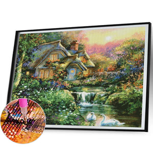 Houses River 50X40CM(Canvas) Full Round Drill Diamond Painting