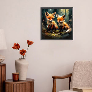 A Pair Of Red Foxes In The Forest 30X30CM(Canvas) Full Round Drill Diamond Painting