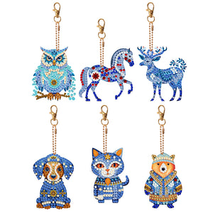 6 PCS Double Sided Special Shape Diamond Painting Keychain (Papercutting Animal)