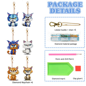 6 PCS Double Sided Special Shape Diamond Painting Keychain (Fierce Cute Cat)