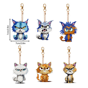 6 PCS Double Sided Special Shape Diamond Painting Keychain (Fierce Cute Cat)