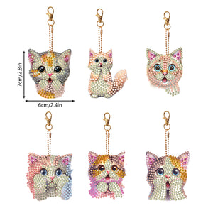 6 PCS Double Sided Special Shape Diamond Painting Keychain Pendant (Cute Cat)