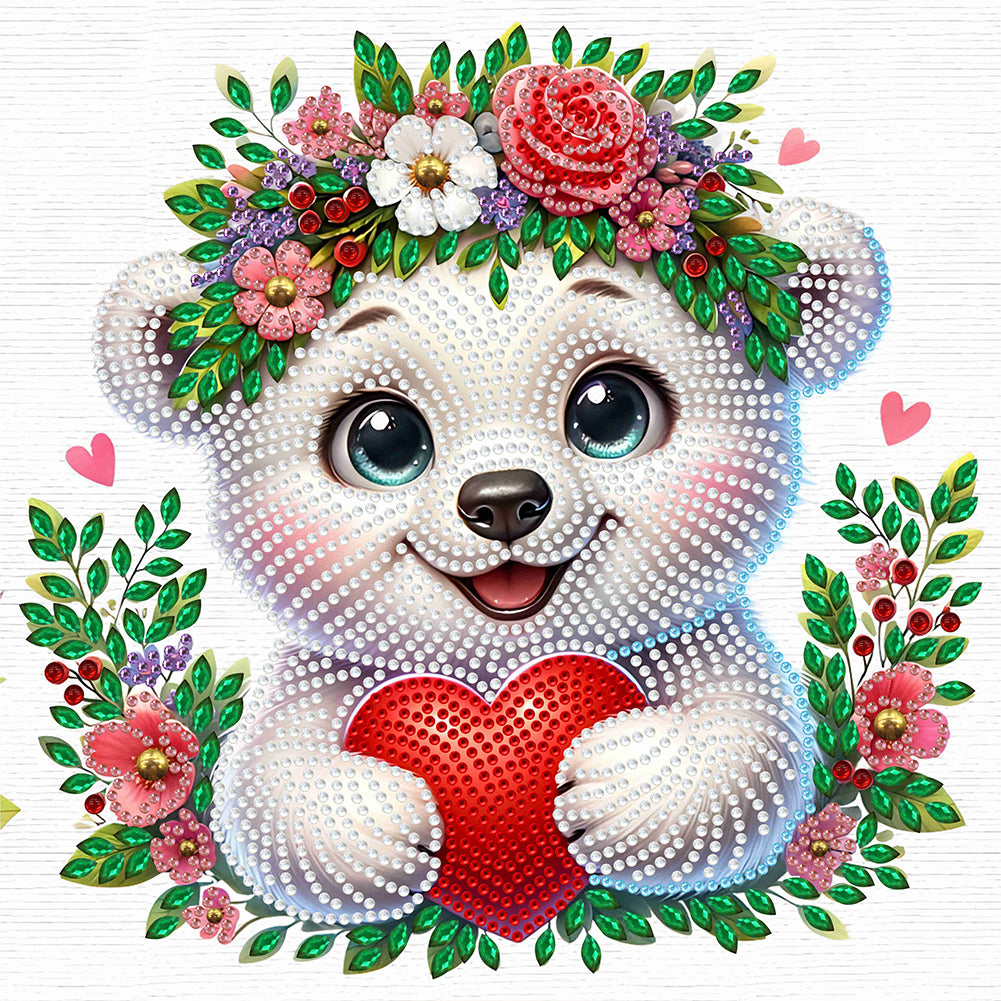 White Bear Wearing Flowers 30*30CM(Canvas) Partial Special Shaped Drill Diamond Painting