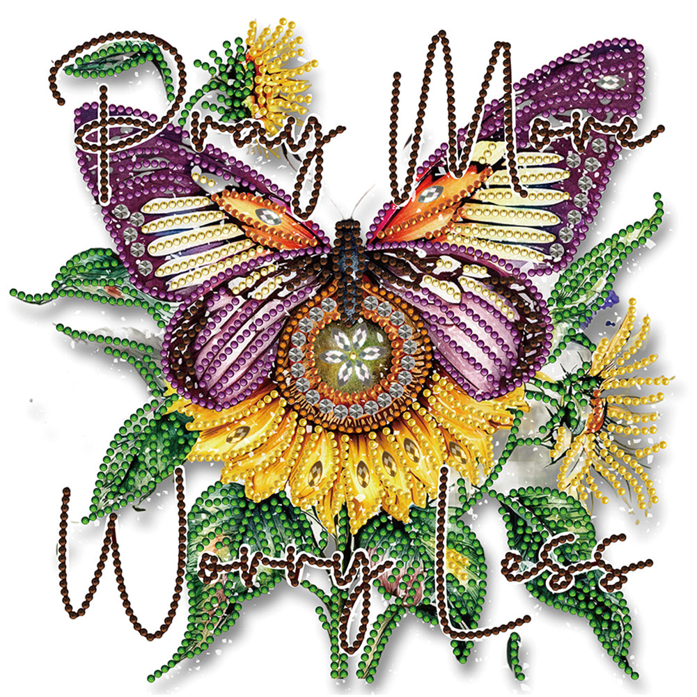 Butterfly Sunflower Calligraphy And Painting 30*30CM(Canvas) Partial Special Shaped Drill Diamond Painting