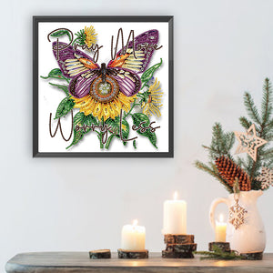 Butterfly Sunflower Calligraphy And Painting 30*30CM(Canvas) Partial Special Shaped Drill Diamond Painting