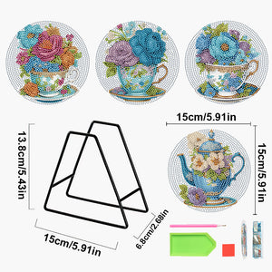 4Pcs Wooden Diamond Painted Placemats Tableware Mat with Holder(Tea Art Bouquet)