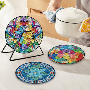 4 Pcs Wooden Diamond Painted Placemats Tableware Mat with Holder (Flower)