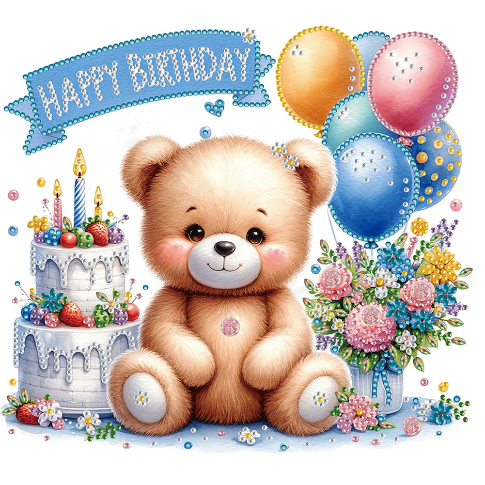 Birthday Teddy Bear 30*30CM(Canvas) Partial Special Shaped Drill Diamond Painting