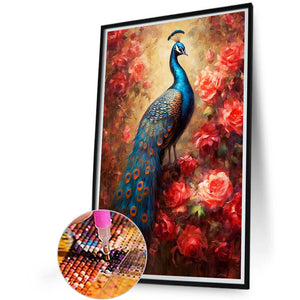 Peacock And Red Flower 40*60CM(Canvas) Full Round Drill Diamond Painting