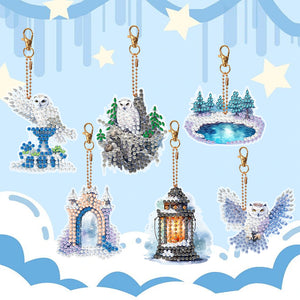 6 Pcs Double Sided Diamond Painting Keychain for Beginners Adults (Winter Owl)
