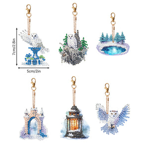 6 Pcs Double Sided Diamond Painting Keychain for Beginners Adults (Winter Owl)