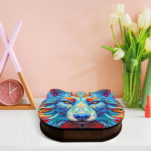 Wood Diamond Painting Jewelry Box Kit for Rings Necklace Organizer (Wolf Head)