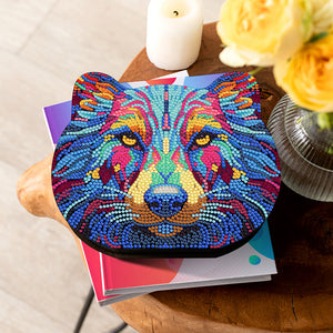 Wood Diamond Painting Jewelry Box Kit for Rings Necklace Organizer (Wolf Head)