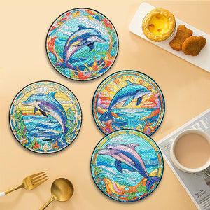 4 PCS Wood Diamond Painted Placemats Kitchen Dish Mat with Holder (Dolphin)