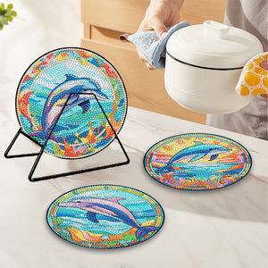 4 PCS Wood Diamond Painted Placemats Kitchen Dish Mat with Holder (Dolphin)