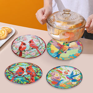 4 PCS Wood Diamond Painted Placemats Kitchen Dish Mat with Holder (Bird)