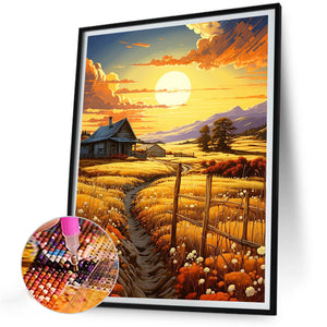 Wheat Field At Sunset 30*40CM(Canvas) Full Round Drill Diamond Painting