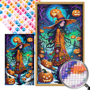 Girl In Fancy Dress And Jack-O'-Lantern 40*70CM(Picture) Full AB Round Drill Diamond Painting