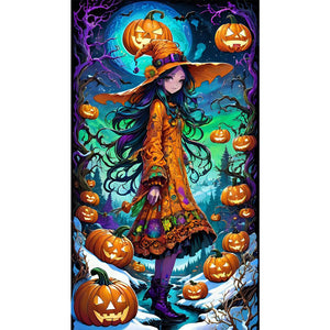 Girl In Fancy Dress And Jack-O'-Lantern 40*70CM(Picture) Full AB Round Drill Diamond Painting