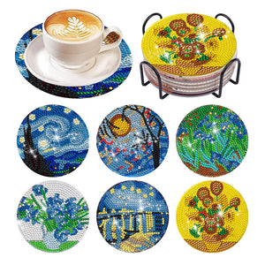 6Pcs Acrylic Diamond Painting Coasters with Holder Cork Pads(Van Gogh Sunflower)