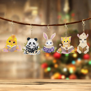 5 Pcs Double Sided Diamond Painting Keychain for Beginners Adult(Animal Reading)
