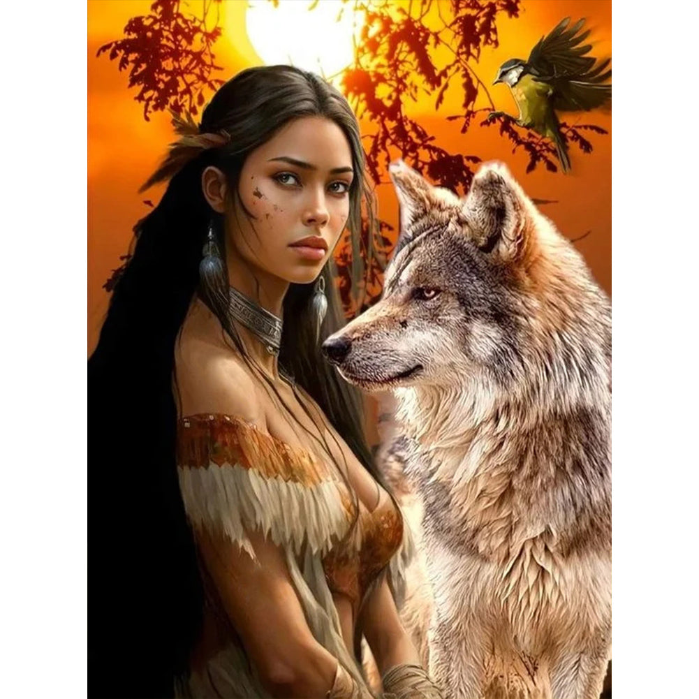 Indian Wolf Girl 30*40CM(Canvas) Full Round Drill Diamond Painting