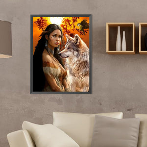 Indian Wolf Girl 30*40CM(Canvas) Full Round Drill Diamond Painting