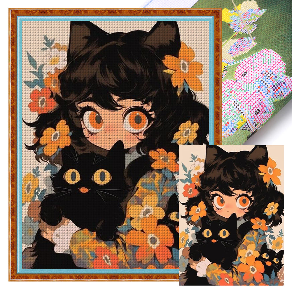 Black Cat And Cat Girl - 40*55CM 11CT Stamped Cross Stitch