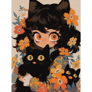 Black Cat And Cat Girl - 40*55CM 11CT Stamped Cross Stitch
